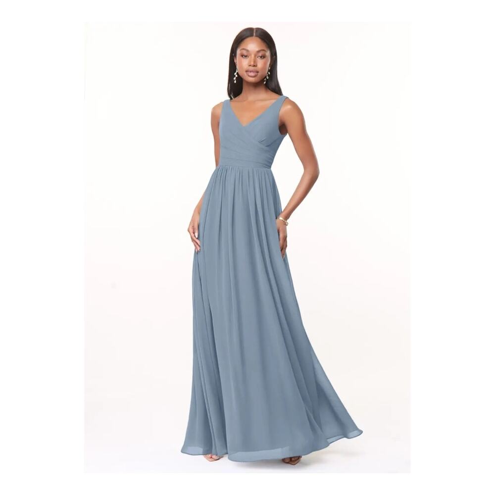 Azazie Keyla Dusty Blue A-Line Pleated Chiffon Dress Size 14 Wedding Guest Prom